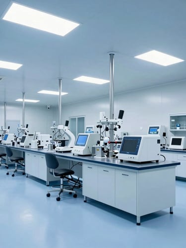 Wide architectural shot of a modern clean pharmaceutical facility with cool blue ambient lighting, clinical precision, 35mm