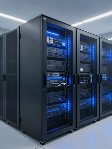 A clean, modern enterprise server room with cool blue ambient LED lighting, architectural perspective, editorial photography, 35mm
