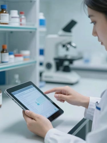 Medium close-up of a professional technician in a clean, modern pharmaceutical laboratory interacting with a tablet interface, cool daylight, 35mm