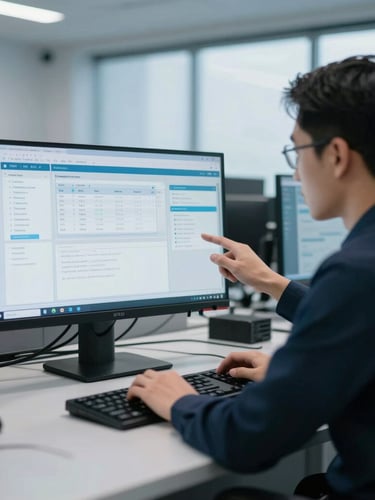 Medium shot of technical professional analyzing data interfaces on a clean monitor in a modern control room, cool daylight, 35mm