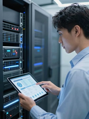 A medium close-up of a technical professional in a cool blue-lit server room, looking at a tablet interface, corporate technology photography, 35mm