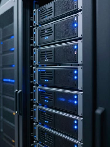 Close-up of enterprise server rack with blue ambient diagnostic lights, cool technical environment, 35mm