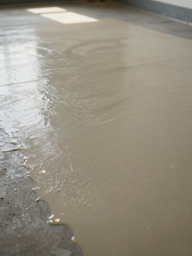 Close-up overhead shot of epoxy floor surface showing texture gradient and color transition detail, existing ambient light of an institutional space, no people, concrete substrate visible at edge