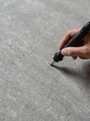 Overhead close-up of a concrete floor surface being assessed — a hand-held moisture meter probe resting on the slab, existing industrial ambient light from above, texture of the aggregate and surface porosity clearly visible, no people in frame, tight environmental framing showing the raw floor context