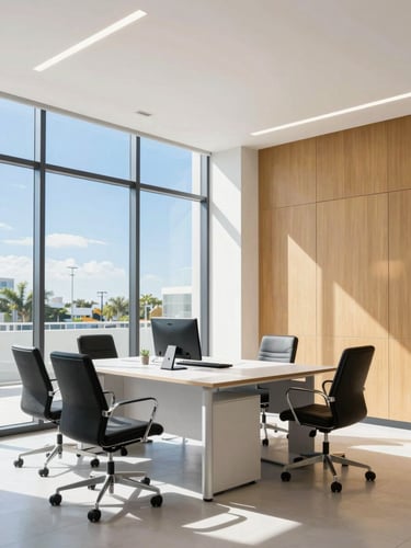 Bright sunlit modern corporate office interior in Florida, clean lines, high-key natural daylight, professional environment