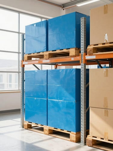 Bright clean modern warehouse interior with organized product pallets on tall shelves, daylight streaming from high windows