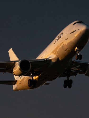 A majestic close-up of a sleek cargo aircraft climbing into a deep twilight sky, its wings catching the last golden rays of sun, dramatic chiaroscuro lighting, ultra-luxury editorial style.