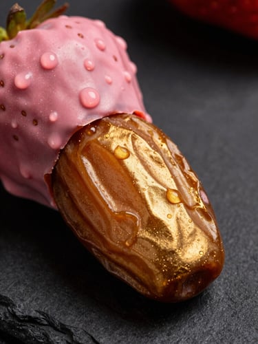 Ultra-high-detail macro of a fresh royal date half-dipped in shimmering gold chocolate and a fresh strawberry coated in ruby pink chocolate, glistening drops, dark slate background, dramatic lighting
