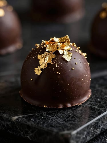 Macro close-up of a luxurious chocolate truffle dusted with edible gold leaf, resting on a polished black marble slab, dramatic side lighting, 8k render.