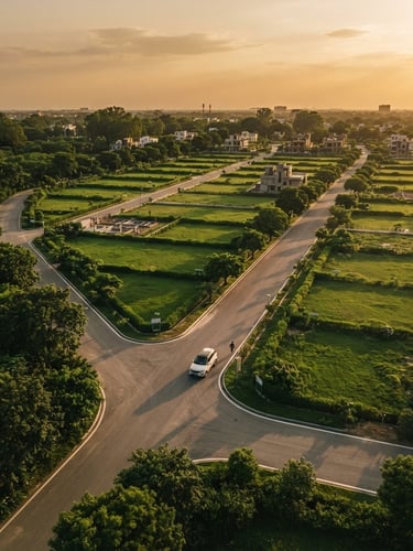 Low-angle drone shot of neatly demarcated, lush green residential plots in Lucknow, golden-hour sunlight casting long shadows, mature trees bordering wide paved internal roads, 35mm warm editorial real-estate photography