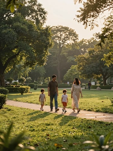 A family walking through a beautifully landscaped green park inside a luxury gated society, warm golden hour sunlight, Lucknow