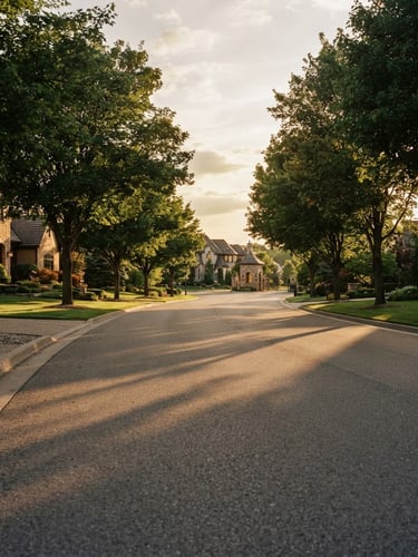 Low-angle ground shot of a wide paved internal road in a luxury township, mature green trees lining the sides, warm golden-hour sunlight casting long elegant shadows, 35mm editorial real-estate photography