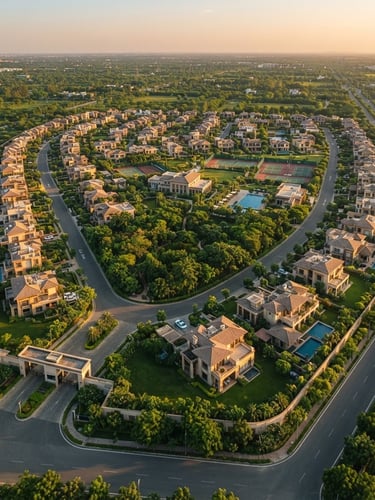Overhead drone photography of a neatly demarcated luxury gated community in Lucknow, golden-hour light casting long shadows on lush green lawns and wide paved roads, 35mm