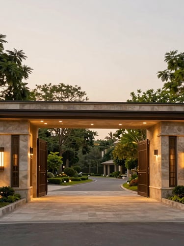 A high-end modern residential estate entrance gate in Lucknow, featuring elegant stone masonry, lush landscaping, and warm golden hour lighting, 35mm editorial photography