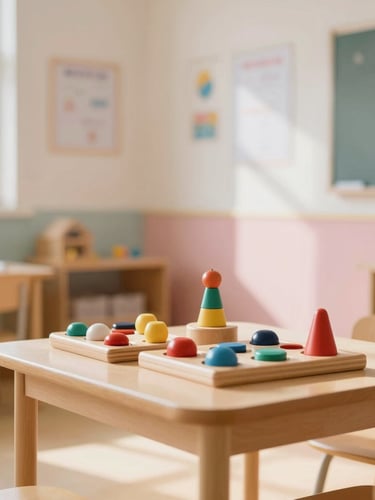 A warm, sunlit special education classroom with soft pastel walls, wooden sensory toys on a low table, natural daylight streaming in, shallow depth of field, 35mm lens.