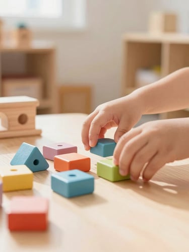A bright sunlit classroom with natural wood toys, a child's hands gently arranging colorful blocks under soft daylight, shallow depth of field, warm editorial style.