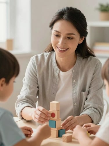 A warm editorial portrait of a gentle female educator smiling, sitting at eye-level with a child playing with wooden developmental blocks, sunlit room, shallow depth of field.