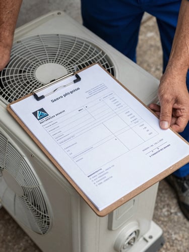 Tight documentary close-up, a printed service invoice on a clipboard resting on top of an AC outdoor compressor unit, technician's hand resting beside it, natural daylight from above, gritty concrete floor visible at the edge of the frame
