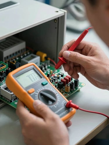 Close-up portrait-orientation shot of a technician's hands holding a digital multimeter probe against AC circuit board terminals inside an open unit, clear meter readout visible, natural window light illuminating the interior