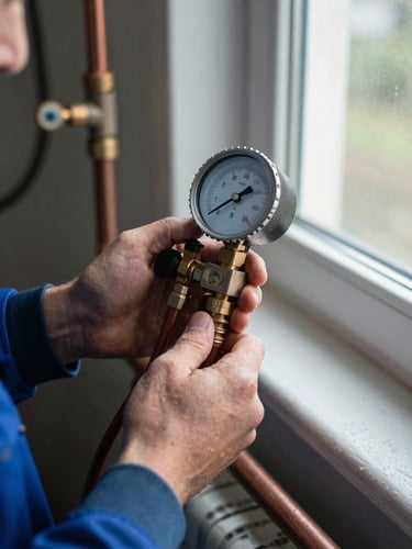 Close-up documentary shot, technician hands holding a refrigerant pressure gauge connected to an AC service port, dial reading clearly visible, ambient natural light from a window to the right, condensation on the copper pipe in the foreground