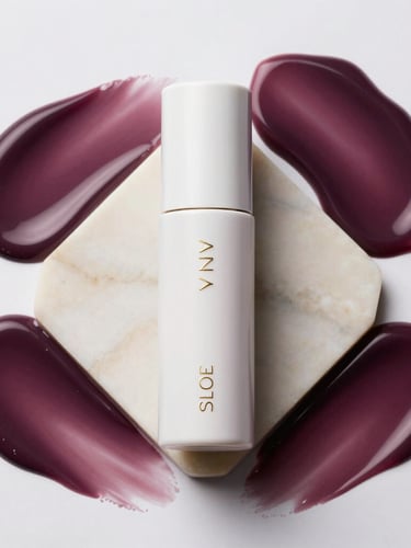 A sleek, minimalist cosmetic bottle with gold embossing, placed on a soft cream marble slab, surrounded by rich plum liquid swatches, bright studio light, sharp focus.