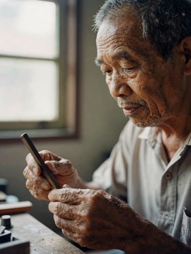 Intimate close-up portrait of an elderly Malaysian craftsman in his workshop, warm ambient window light, weathered hands holding a wooden tool, documentary film photography, 35mm
