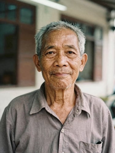 Intimate portrait of an elderly Malaysian street vendor with warm weathered features, standing in a soft-lit heritage shoplot in Penang, documentary film photography, 35mm, shallow depth of field