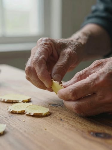 Close-up of wrinkled hands gently peeling ginger on a rustic wooden table, soft overcast outdoor light, warm muted tones, shallow depth of field, documentary film style