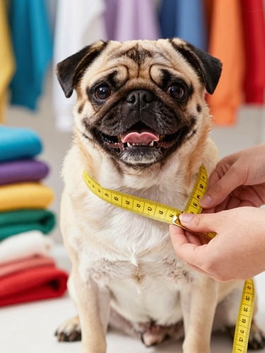 Close-up of artisan hands carefully measuring a happy pug's chest with a yellow measuring tape in a sunlit workshop, colorful fabrics in the background, sharp focus