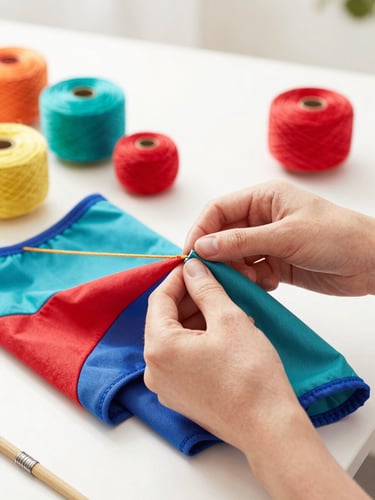 Manos artesanas cosiendo con cuidado una colorida prenda para mascotas en un taller luminoso y alegre con hilos de colores