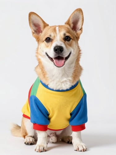 Un perro alegre vistiendo una sudadera colorida y cómoda, posando feliz a nivel de ojos en un fondo luminoso de estudio