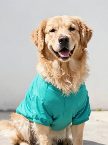 A happy fluffy golden retriever wearing a vibrant teal handmade dog shirt, sitting proudly outdoors in bright natural daylight, eye-level shot