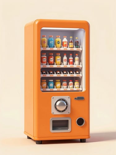 Stylized 2D vector illustration of a vintage orange capsule toy vending machine, clean geometric shapes, solid cream background, retro-modern aesthetic, high contrast.