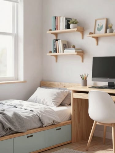 Styled teen bedroom with a storage-integrated bed, pastel wood gaming desk, and narrow wall floating book racks, soft morning window light, shallow depth of field, organized and airy feel.