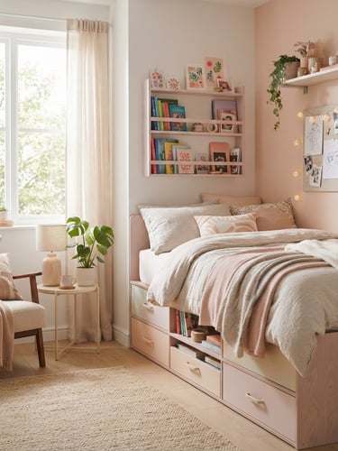 Wide shot of a stylish teen bedroom, featuring a pastel wood storage bed with integrated drawers on the right, and a narrow floating book rack on the wall, soft morning window light, shallow depth of field.