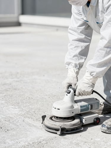Close-up of a professional worker in clean uniform using a concrete floor grinder, bright white work lights, high-contrast sharp details, 35mm lens.