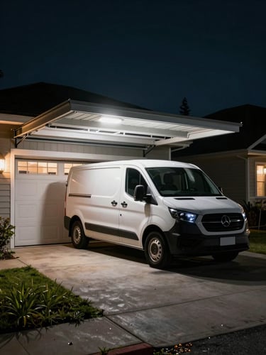 Wide driveway at night, a white service van pulling up to a residential garage with the overhead door visibly off-track, harsh driveway floodlight from above, natural dark sky behind