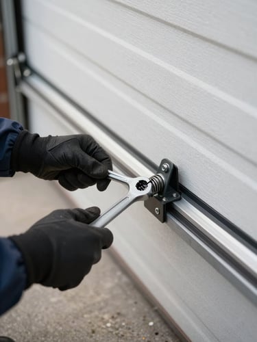 Close-up of a technician's gloved hands using a wrench to tighten a torsion spring bracket on a residential garage door track, natural daylight from an open garage bay, concrete floor visible below