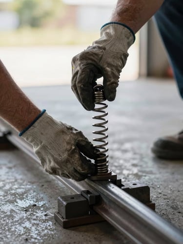 Close-up of technician hands gripping a torsion spring on a steel track, natural daylight from an open garage bay, worn work gloves, tension visible in the coil, concrete floor below