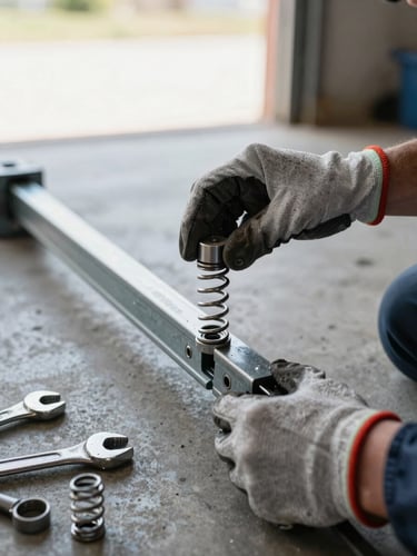 Close-up of a technician's gloved hands installing a new torsion spring onto a steel garage door shaft, natural daylight from an open garage bay, wrenches and spring winding bars visible on the concrete floor beside them