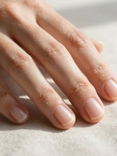 Macro shot of a hand with clean, healthy natural nails resting on soft linen under diffused morning daylight