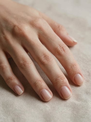 Macro close-up of hands gently resting on soft linen, showing immaculate, healthy natural nails with clean cuticles, soft diffused daylight, warm nude tones.