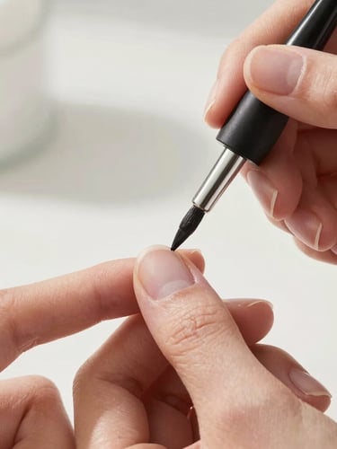 Macro photograph of a manicurist's hand holding a fine-line brush, painting a delicate line on a clean, natural nail, soft natural daylight, minimalist aesthetic.