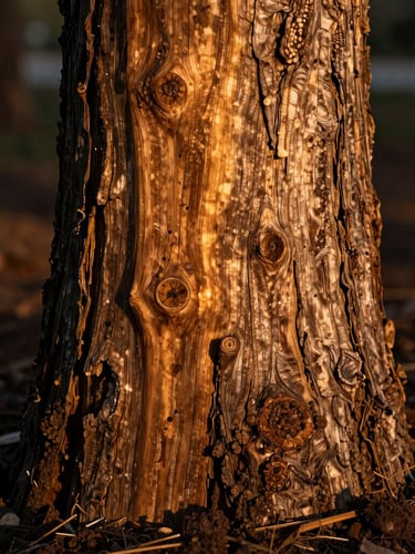 Macro shot of textured sandalwood tree bark, golden twilight light, rich dark soil at the base.