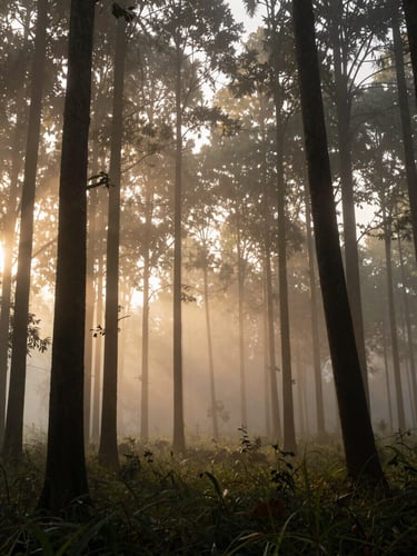 Misty morning light filtering through tall sandalwood trees on the edge of a dense forest, soft golden hour lighting, cinematic composition.