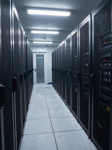 Wide shot of a secure server facility corridor, cold fluorescent overhead lighting, rows of rack-mounted servers extending into depth, no personnel visible, institutional and clinical atmosphere