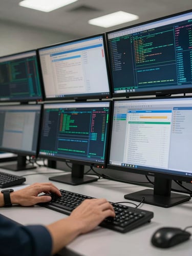 Close-up of a security operations workstation, multiple monitors displaying network traffic dashboards and compliance log interfaces, cool fluorescent lighting reflecting off screens, hands resting on keyboard, no faces visible, institutional and precise atmosphere