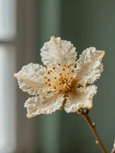 Macro shot of beautifully cured botanical flower showcasing golden trichomes against a muted forest green background, soft natural window light, shallow depth of field, 35mm