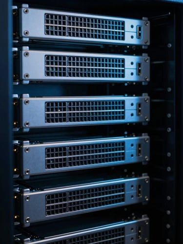 Moody technical photography of forensic server hardware, cool blue key light, high-contrast dark background, sharp macro lens