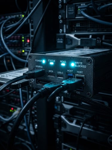 Macro close-up of a forensic hardware write-blocker in a dark server room, sharp neon-cyan indicators glowing, cool blue low-key lighting, high contrast